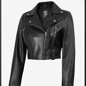 Cropped Black Lambskin Leather Asymmetrical Biker Jacket 2x